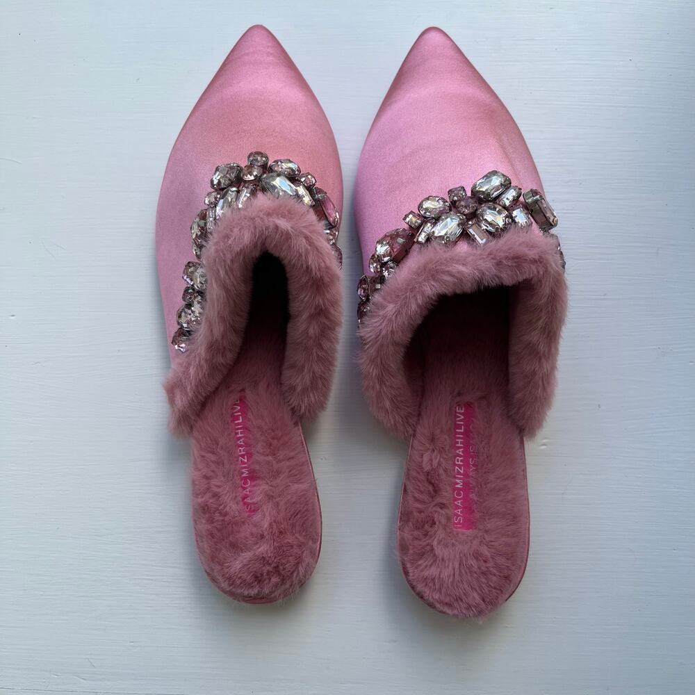 Isaac Mizrahi Live! Embellished Mule Pink 6.5 M Rhinestone Rimmed Faux Fur - Picture 8 of 9